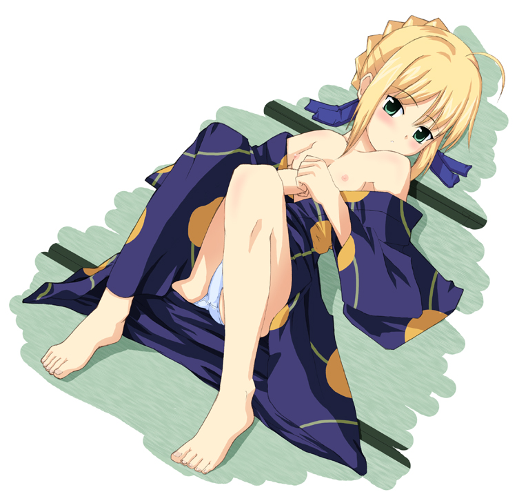 date (senpen), artoria pendragon (fate), saber (fate), fate/hollow ataraxia, fate/stay night, fate (series), 00s, 1girl, barefoot, blonde hair, blue kimono, blush, breasts, feet, female focus, green eyes, japanese clothes, kimono, loli, medium breasts, obi, panties, pantyshot, sash, sitting, solo, underwear, white panties, yukata