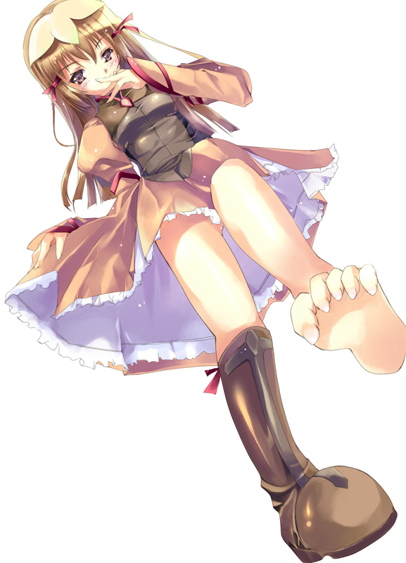 hinoto, re mii, zoids, zoids genesis, 00s, 1girl, barefoot, boots, brown hair, feet, female focus, foot focus, from below, knee boots, long toenails, looking down, shoes, single shoe, soles, solo, toe scrunch, toenails, toes