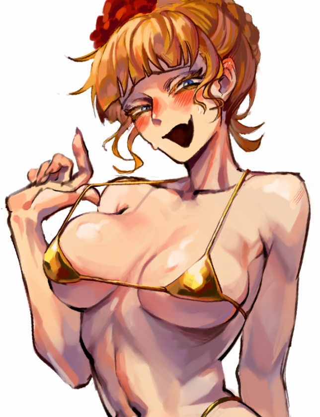 beatrice (umineko), umineko no naku koro ni, 1girl, bikini, bikini pull, blonde hair, blue eyes, blush, breasts, clothes pull, collarbone, colored eyelashes, fang, fingernails, flower, forgo11en, gold bikini, hair flower, hair ornament, long fingernails, medium breasts, open mouth, short hair, sweat, sweatdrop, swimsuit
