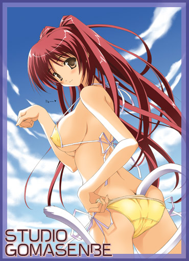 goma satoshi, kousaka tamaki, to heart (series), to heart 2, 00s, 1girl, bikini, blush, breasts, brown eyes, cat tail, covered erect nipples, day, female focus, large breasts, long hair, paw pose, red hair, side-tie bikini bottom, sideboob, smile, solo, string bikini, swimsuit, tail, yellow bikini