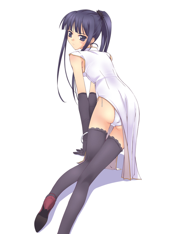 murakami suigun, f-ism, original, 1girl, all fours, ass, black thighhighs, blue eyes, blue hair, china dress, chinese clothes, dress, elbow gloves, female focus, gloves, high heels, long hair, looking back, matching hair/eyes, panties, pantyshot, ponytail, shoes, solo, thigh gap, thighhighs, thighs, underwear, white panties