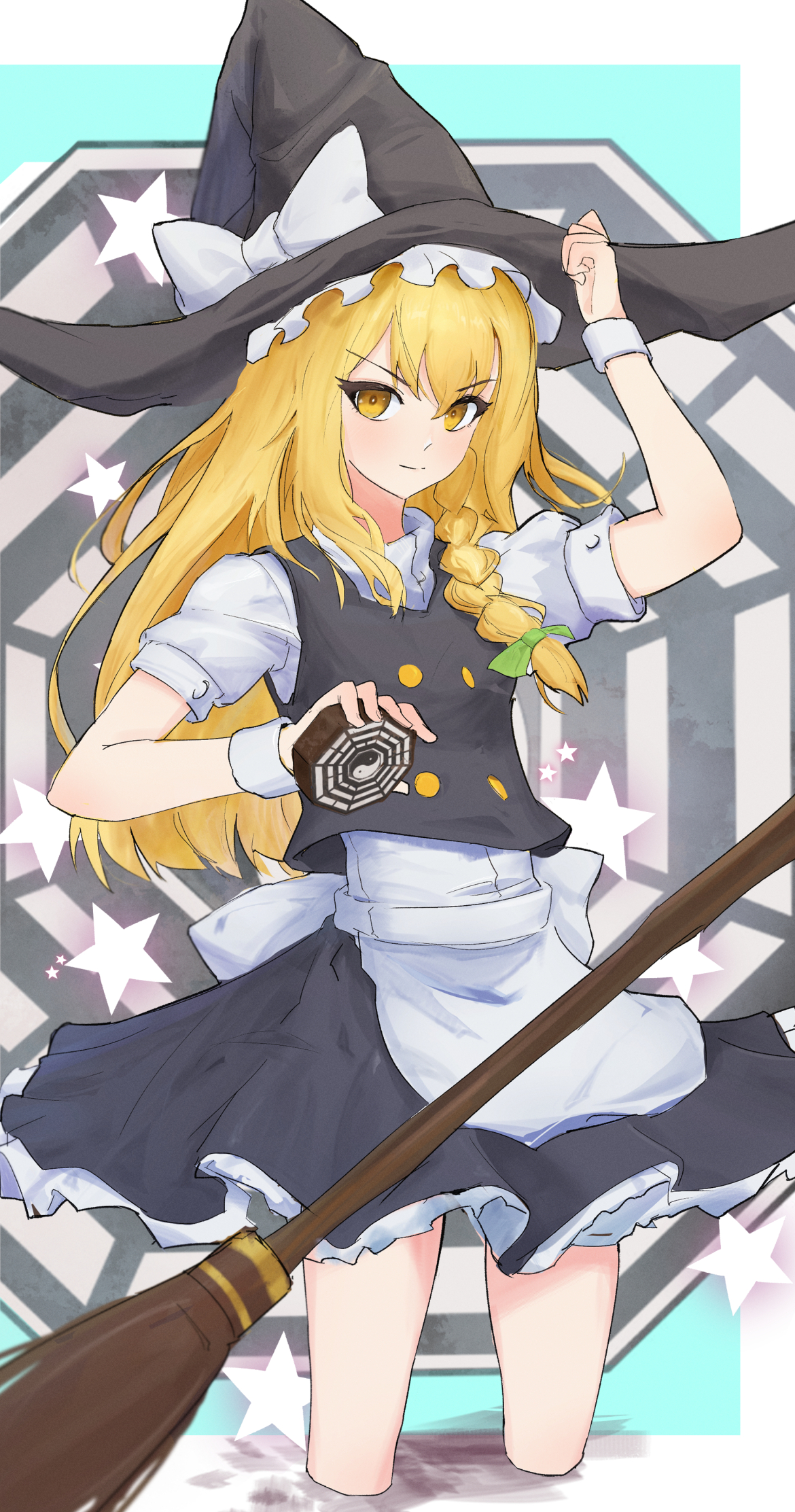 spp5566, kirisame marisa, touhou, commentary, highres, 1girl, apron, black hat, black skirt, black vest, blonde hair, bow, braid, broom, closed mouth, green bow, hair bow, hat, hat bow, holding, looking at viewer, mini-hakkero, puffy short sleeves, puffy sleeves, short sleeves, side braid, single braid, skirt, smile, solo, star (symbol), vest, waist apron, white apron, white bow, witch hat, wrist cuffs, yellow eyes