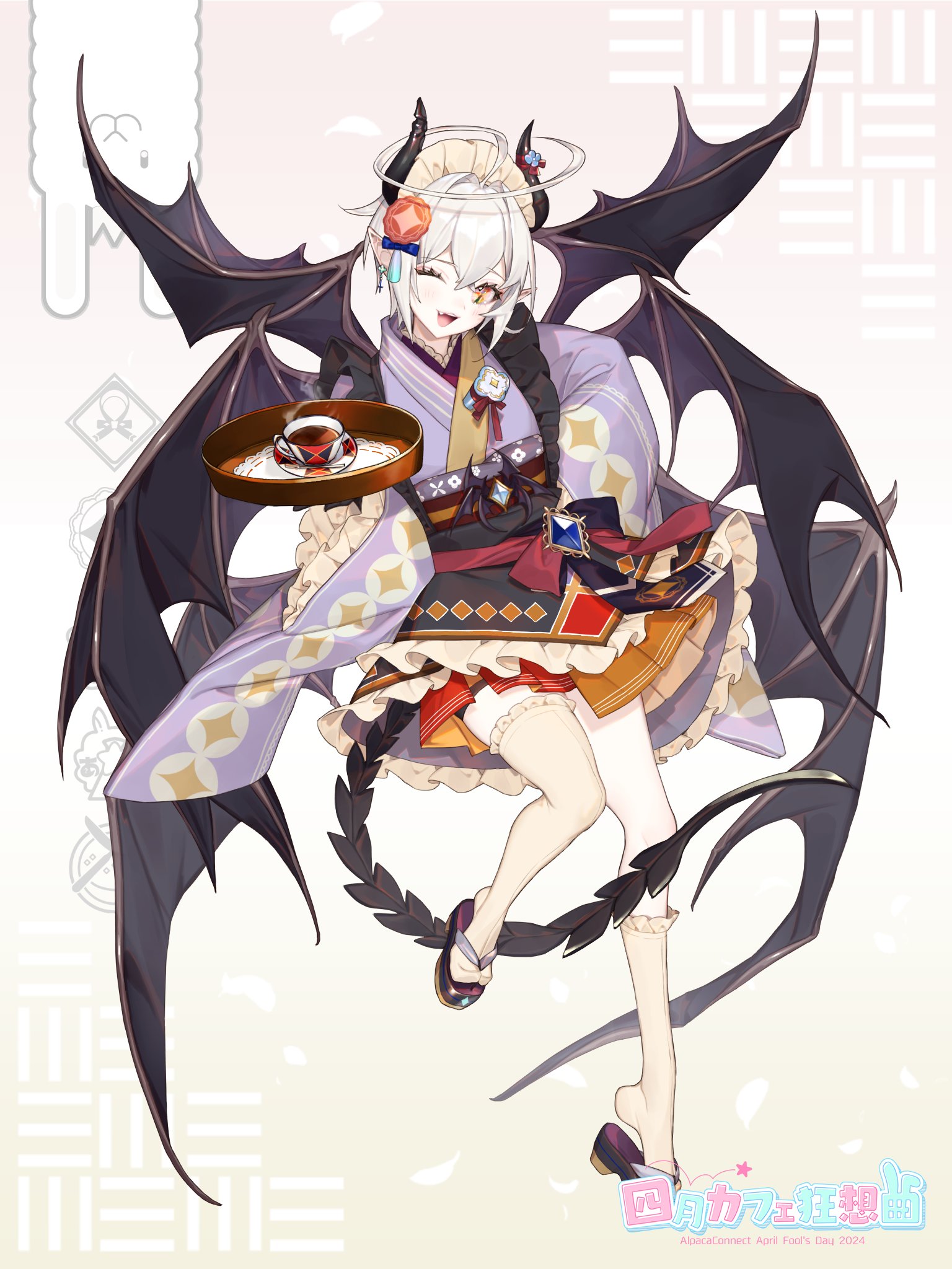 shichimi, highres, 1girl, ;d, ahoge, alpaca, alpaca connect, apron, black apron, black bow, black horns, black tail, black wings, bow, brooch, copyright name, cup, demon girl, demon horns, demon tail, demon wings, doily, flower, flower brooch, frilled apron, frilled kimono, frilled sleeves, frilled thighhighs, frills, full body, gradient background, hair between eyes, hair intakes, hair ornament, hand on own hip, hand up, holding, holding tray, horn flower, horns, huge ahoge, japanese clothes, jewelry, kimono, kimono skirt, layered skirt, looking at viewer, maid, maid apron, maid headdress, miniskirt, multiple wings, obi, obiage, obijime, one eye closed, open mouth, orange skirt, pink background, pleated skirt, pointy ears, purple kimono, purple wings, red bow, red skirt, sandals, sash, saucer, shippou (pattern), shoe dangle, skirt, smile, solo, standing, standing on one leg, steaming cup, tail, tassel, tassel hair ornament, tea, teacup, thigh strap, thighhighs, tray, two-tone bow, two-tone skirt, wa maid, waist bow, white thighhighs, wide sleeves, wings, yellow background, zouri
