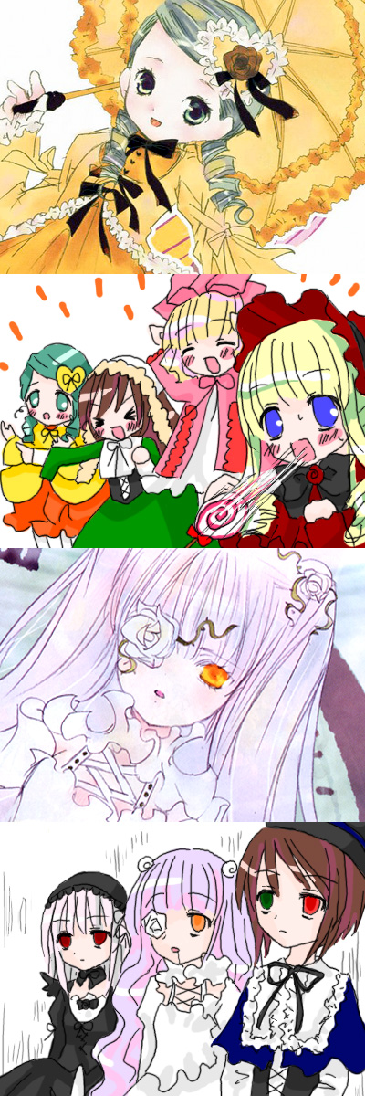 hinaichigo, kanaria, kirakishou, shinku, souseiseki, suigintou, suiseiseki, rozen maiden, highres, long image, tall image, 00s, 6+girls, blonde hair, bow, candy, drill hair, empty eyes, food, gaijin 4koma (meme), gloom (expression), lollipop, meme, multiple girls, pink bow, siblings, sisters, swirl lollipop, twins