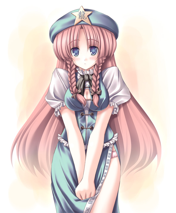 hong meiling, embodiment of scarlet devil, touhou, 1girl, :<, blue eyes, blush, bow, braid, breasts, china dress, chinese clothes, cleavage, dress, female focus, hair bow, hat, long hair, medium breasts, own hands together, panties, pink hair, solo, star (symbol), twin braids, underwear, v arms