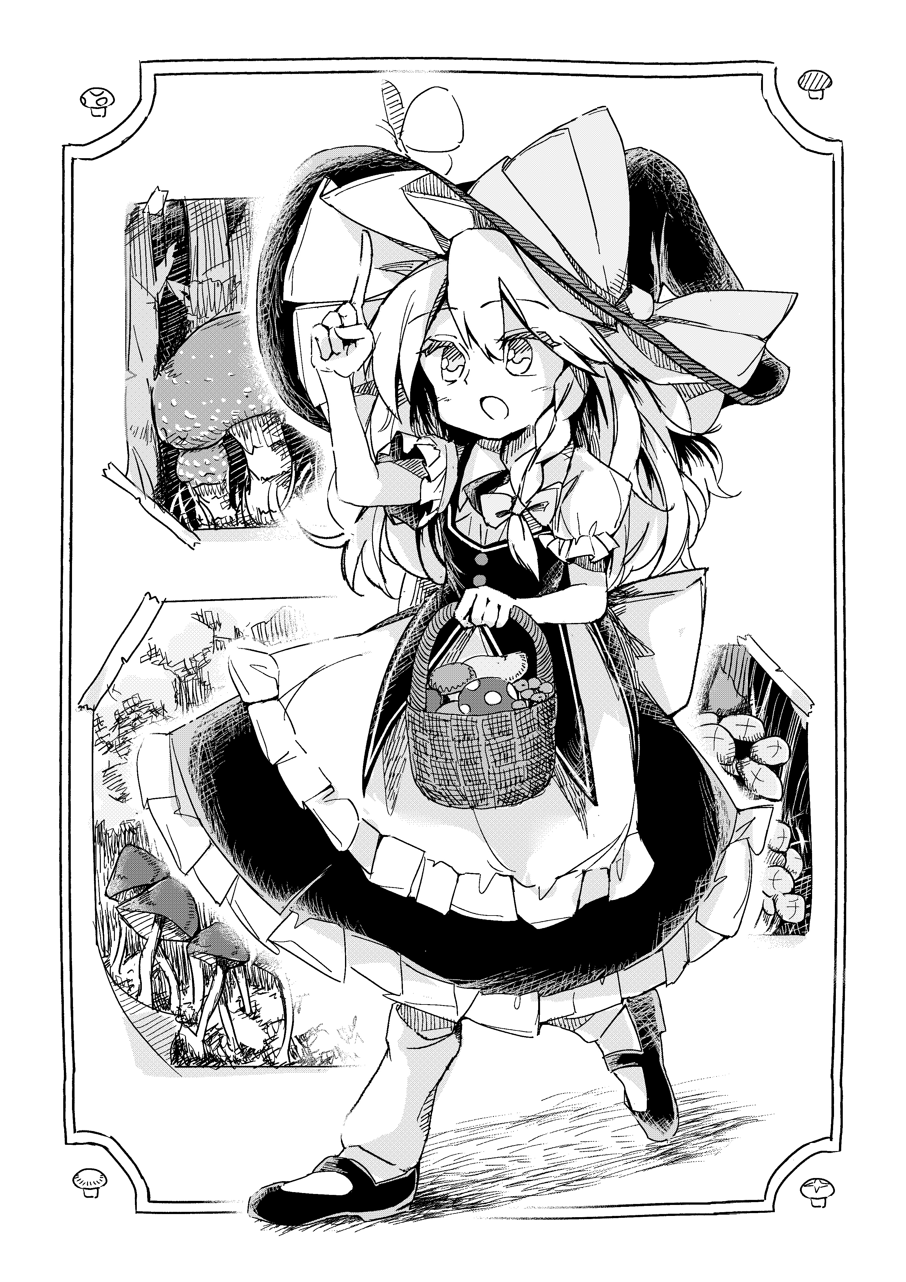 koxapfi4jyljb0d, kirisame marisa, touhou, absurdres, commentary request, highres, 1girl, apron, back bow, basket, bow, braid, greyscale, hair bow, harukawa moe (style), hat, hat bow, holding, holding basket, long hair, monochrome, mushroom, shoes, side braid, single braid, socks, solo, waist apron, witch hat