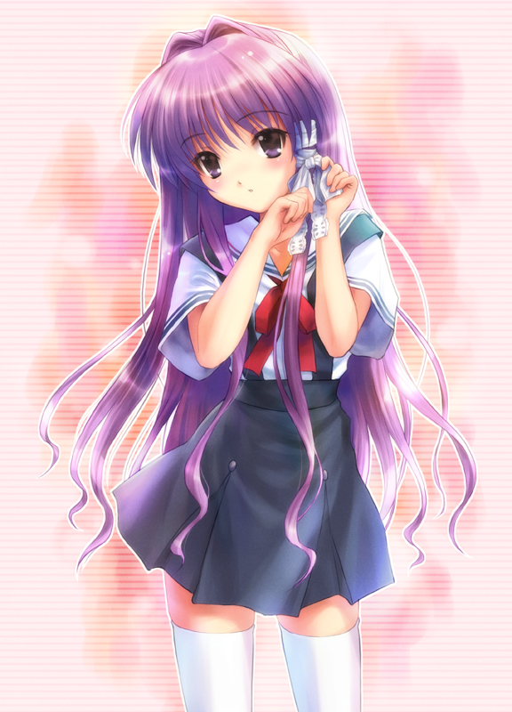 goto p, fujibayashi kyou, clannad, 00s, cowboy shot, hair intakes, long hair, outline, pleated skirt, purple hair, ribbon, school uniform, serafuku, skirt, solo, thighhighs, white outline, white thighhighs