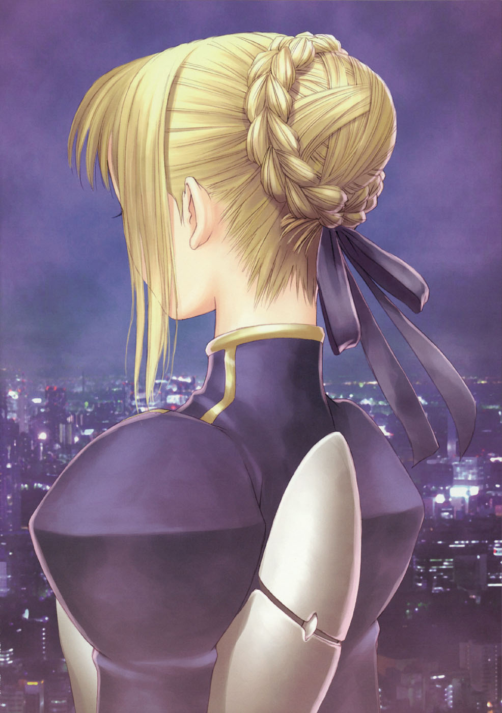 tony taka, artoria pendragon (fate), saber (fate), fate/stay night, fate (series), highres, 00s, 1girl, armor, armored dress, back, blonde hair, braid, braided bun, cityscape, dress, eyelashes, female focus, gauntlets, hair bun, single hair bun, solo, upper body
