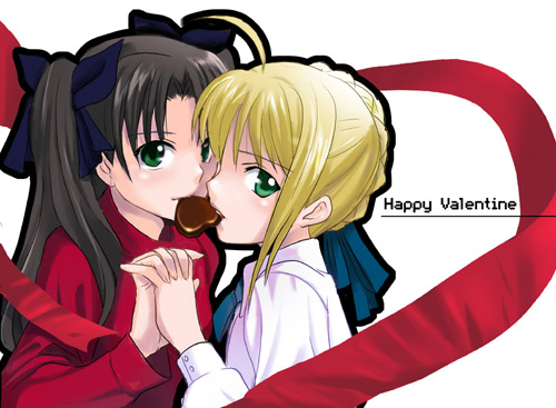 inue shinsuke, artoria pendragon (fate), saber (fate), tohsaka rin, fate/stay night, fate (series), lowres, 00s, 2girls, candy, chocolate, chocolate heart, female focus, food, green eyes, happy valentine, heart, interlocked fingers, long sleeves, multiple girls, shared food, simple background, two side up, valentine, white background, yuri