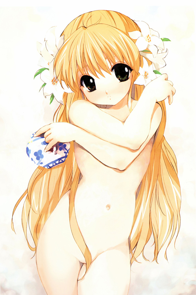 kusaka souji, tenhiro naoto, original, 1girl, blonde hair, blush, breasts, censored, completely nude, convenient censoring, covering breasts, covering privates, female focus, fingernails, flower, green eyes, hair censor, hair flower, hair ornament, head tilt, hip focus, holding, kettle, long hair, looking at viewer, navel, nude, nude cover, parted lips, simple background, solo, standing, thigh gap, very long hair