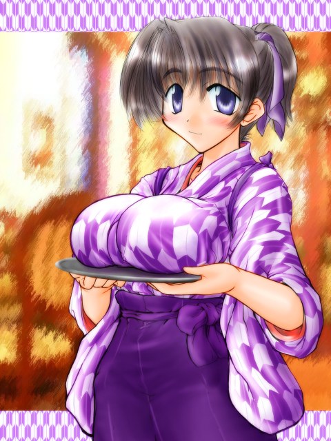 bashamichi, 1girl, black hair, blue eyes, breast rest, breasts, breasts on tray, carried breast rest, carrying, cowboy shot, female focus, huge breasts, japanese clothes, solo, standing, tasuki, tray, waitress, yagasuri