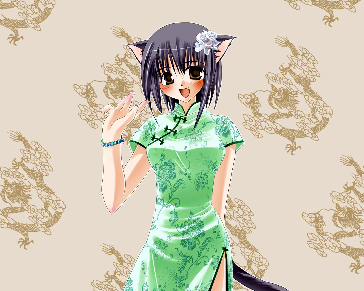 animal ears, cat ears, cat tail, china dress, chinese clothes, dress, hair between eyes, solo, tail