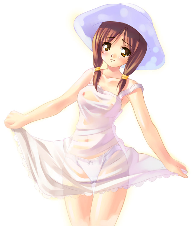 akamaru, 1girl, hat, lingerie, mushroom, nipples, no bra, see-through clothes, simple background, thighs, underwear, white background, white hat