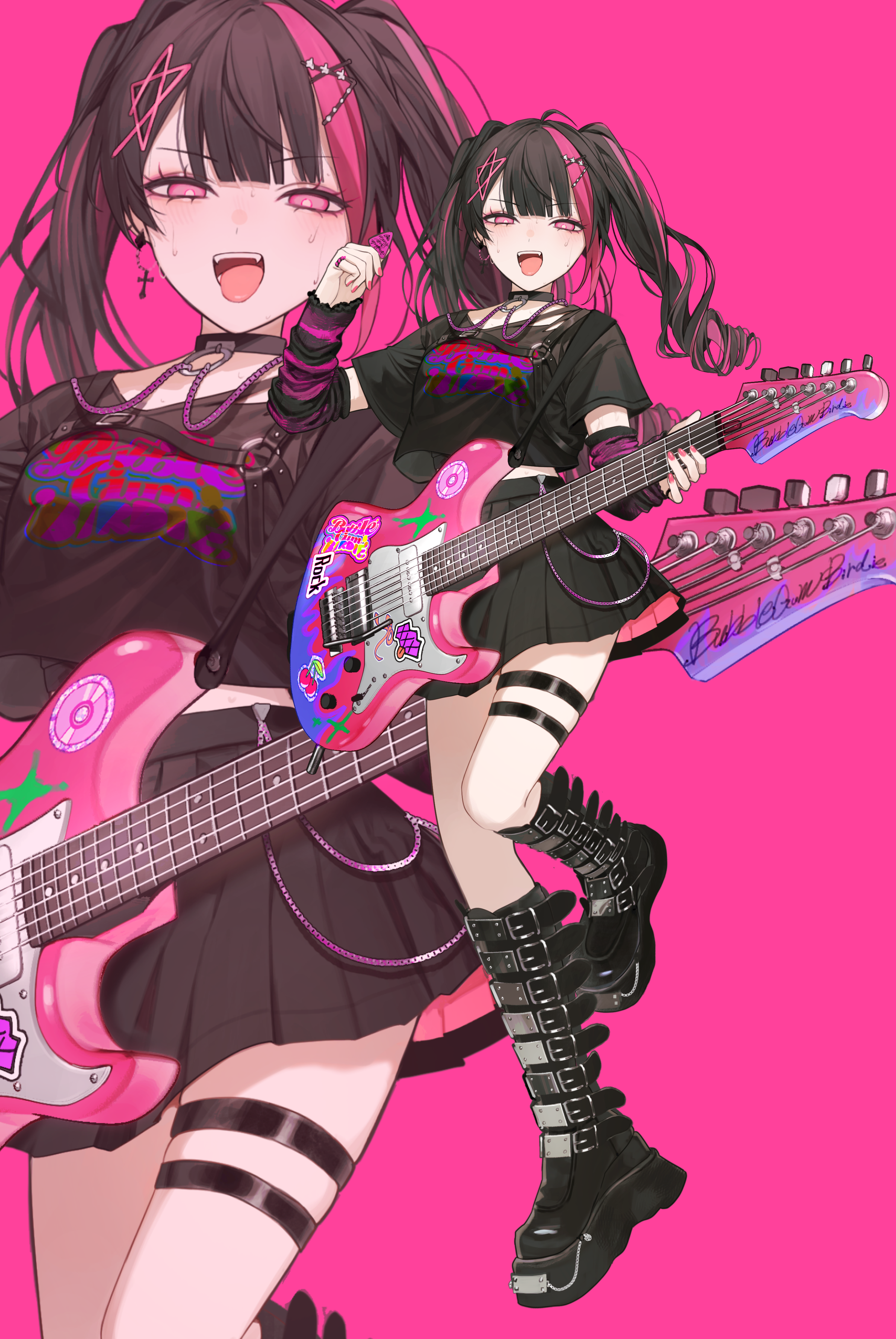 daimaou ruaeru, original, absurdres, commentary, highres, 1girl, black arm warmers, black boots, black choker, black hair, black shirt, black skirt, boots, bright pupils, choker, clothes writing, cropped shirt, earrings, full body, guitar, hair ornament, hairclip, holding, holding guitar, holding instrument, holding pendulum, instrument, jewelry, jirai kei, knee up, light blush, looking at viewer, medium hair, microskirt, multicolored hair, nail polish, open mouth, pendulum, pink background, pink eyes, pink hair, pink nails, ring, shirt, simple background, skirt, solo, streaked hair, sweat, t-shirt, tachi-e, thigh strap, twintails, two-tone hair, zoom layer