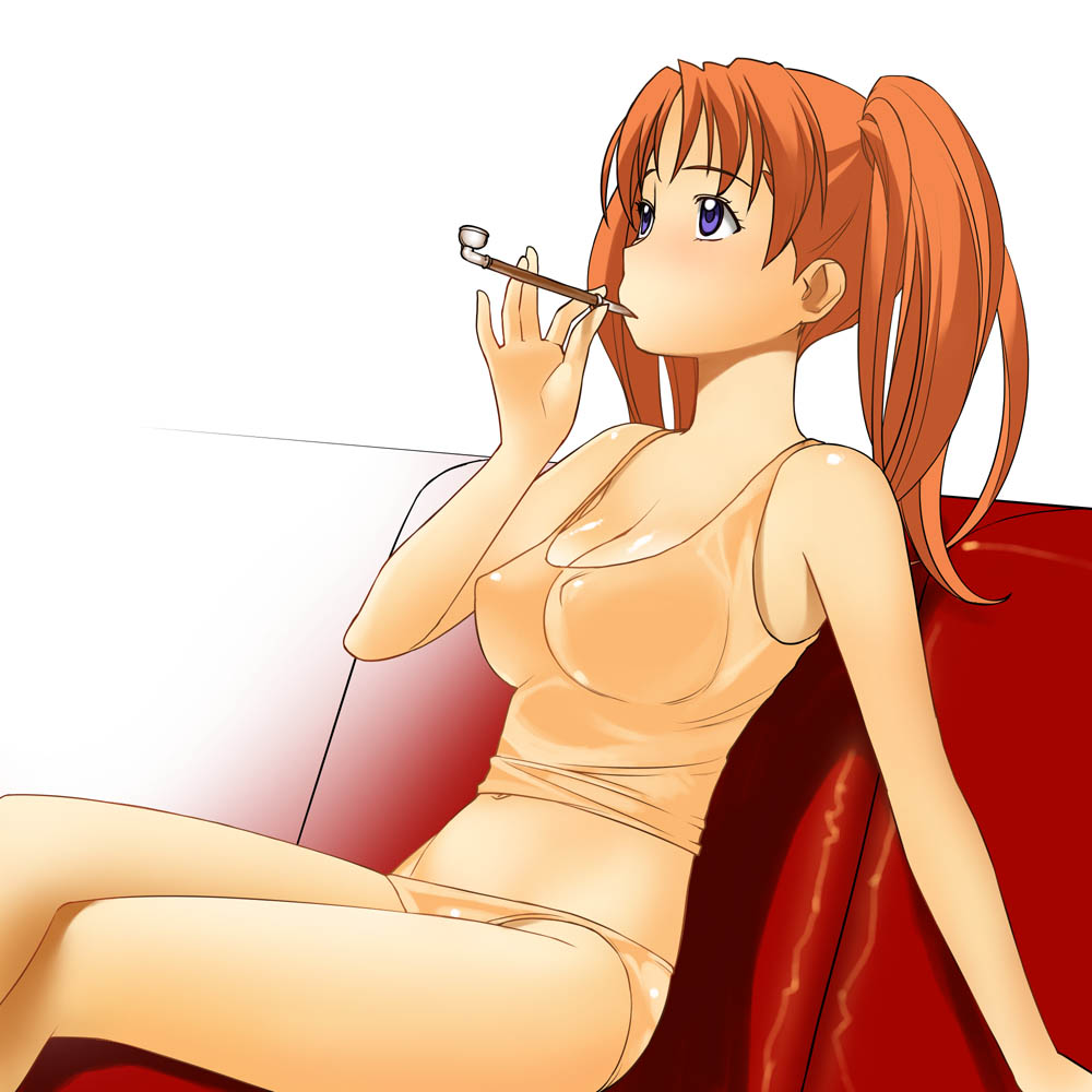 mia guillem, kaleido star, a1, 00s, 1girl, blue eyes, breasts, cleavage, covered erect nipples, kiseru, large breasts, lingerie, long hair, orange hair, panties, pipe in mouth, red hair, smoking, smoking pipe, solo, tank top, twintails, underwear, underwear only