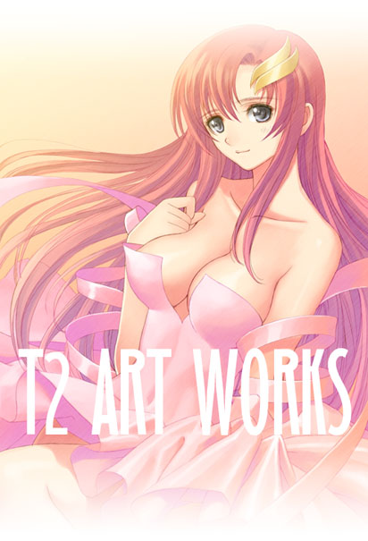 tony taka, lacus clyne, gundam, gundam seed, 00s, bare shoulders, dress, hair ornament, long hair, pink dress, pink hair, purple eyes, red hair, ribbon, smile, solo, strapless, strapless dress