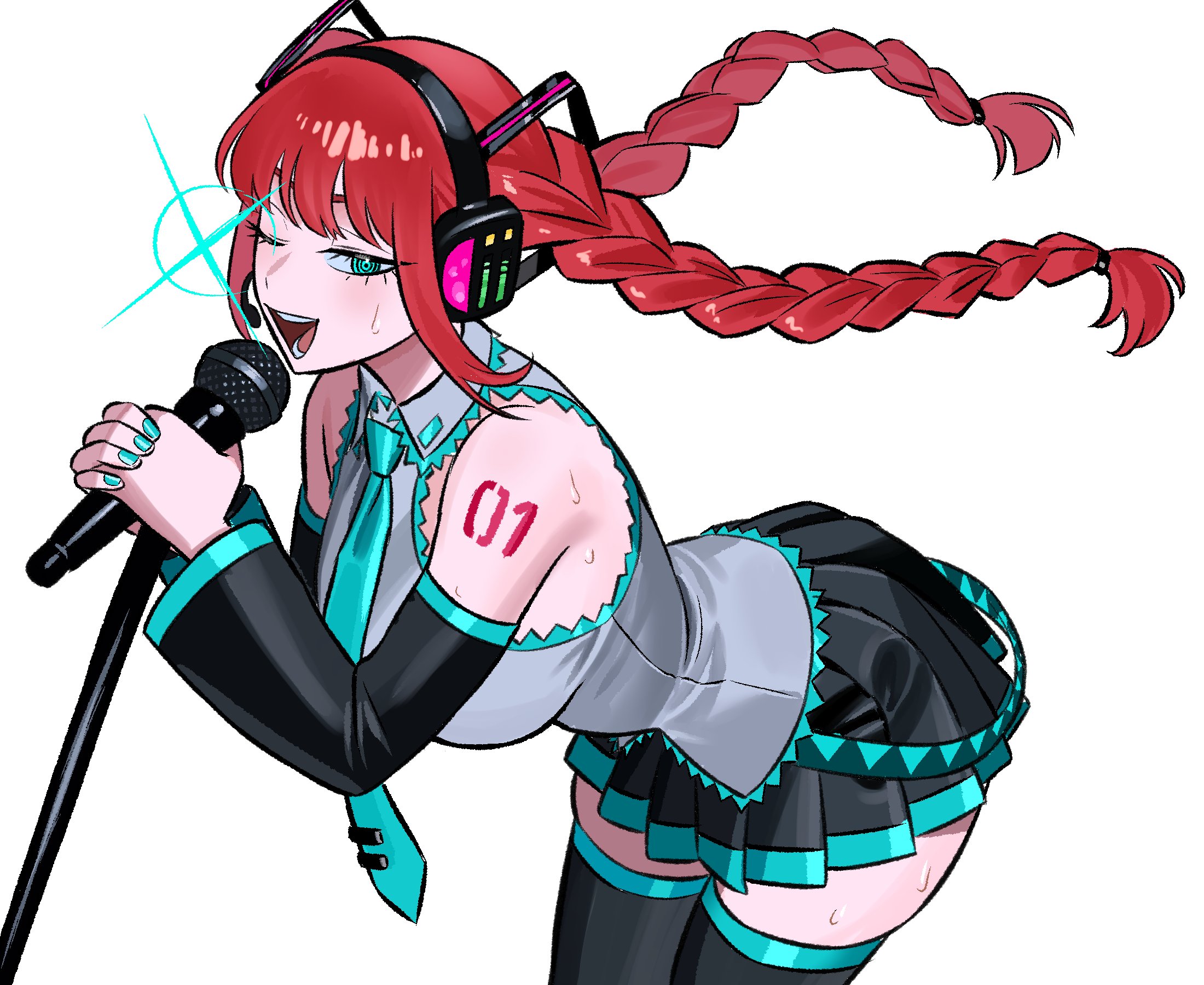 zeon (zzeeonn), hatsune miku, makima (chainsaw man), chainsaw man, vocaloid, highres, 1girl, alternate eye color, aqua eyes, aqua nails, aqua necktie, aqua trim, black skirt, black sleeves, black thighhighs, blunt bangs, braid, breasts, cosplay, cowboy shot, detached sleeves, grey shirt, hair ornament, hatsune miku (cosplay), headphones, headset, holding, holding microphone, large breasts, leaning forward, long hair, microphone, microphone stand, miniskirt, music, necktie, number tattoo, one eye closed, pleated skirt, red hair, ringed eyes, shirt, simple background, singing, skindentation, skirt, sleeveless, sleeveless shirt, solo, sweat, tattoo, thighhighs, tie clip, twin braids, white background, zettai ryouiki