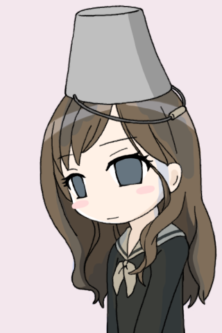 toudou shimako, maria-sama ga miteru, lowres, 00s, 1girl, black eyes, blush, blush stickers, brown hair, bucket, bucket on head, female focus, flat chest, long hair, no nose, object on head, school uniform, serafuku, simple background, solo