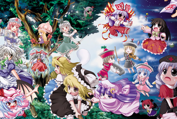 coolier, alice margatroid, ex-keine, fujiwara no mokou, hakurei reimu, houraisan kaguya, izayoi sakuya, kamishirasawa keine, kirisame marisa, koakuma, konpaku youmu, lunasa prismriver, lyrica prismriver, merlin prismriver, patchouli knowledge, remilia scarlet, saigyouji yuyuko, yagokoro eirin, yakumo yukari, touhou, 6+girls, blonde hair, chibi, everyone, female focus, hat, horn ornament, horn ribbon, horns, mob cap, multiple girls, ribbon