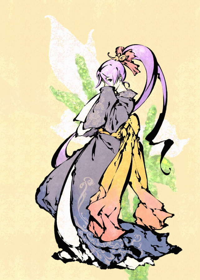 tomoyuki kotani, reco, cave (developer), mushihime-sama, 1girl, covering face, covering own mouth, covering privates, female focus, japanese clothes, kimono, long hair, obi, purple hair, ribbon, sash, solo, twintails, very long hair