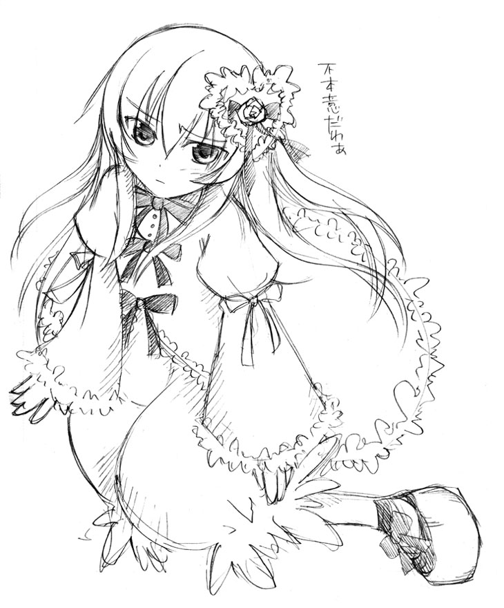 takami ryou, kanaria, suigintou, rozen maiden, 1girl, cosplay, female focus, frown, greyscale, hair between eyes, kanaria (cosplay), monochrome, simple background, solo, white background