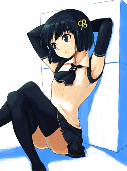 b-ginga, 98-tan, os-tan, 1girl, armpits, arms behind back, arms behind head, black eyes, black gloves, black hair, black thighhighs, blue panties, bob cut, crossed legs, elbow gloves, female focus, gloves, miniskirt, panties, pantyshot, product girl, short hair, sitting, skirt, smile, solo, striped clothes, striped panties, thighhighs, underwear, vest, zettai ryouiki