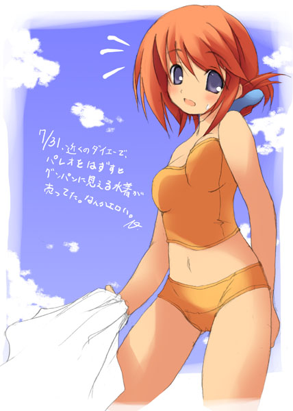 mizoguchi keiji, komaki manaka, to heart (series), to heart 2, 00s, 1girl, bikini, blue eyes, female focus, folded ponytail, navel, orange hair, solo, swimsuit, tankini