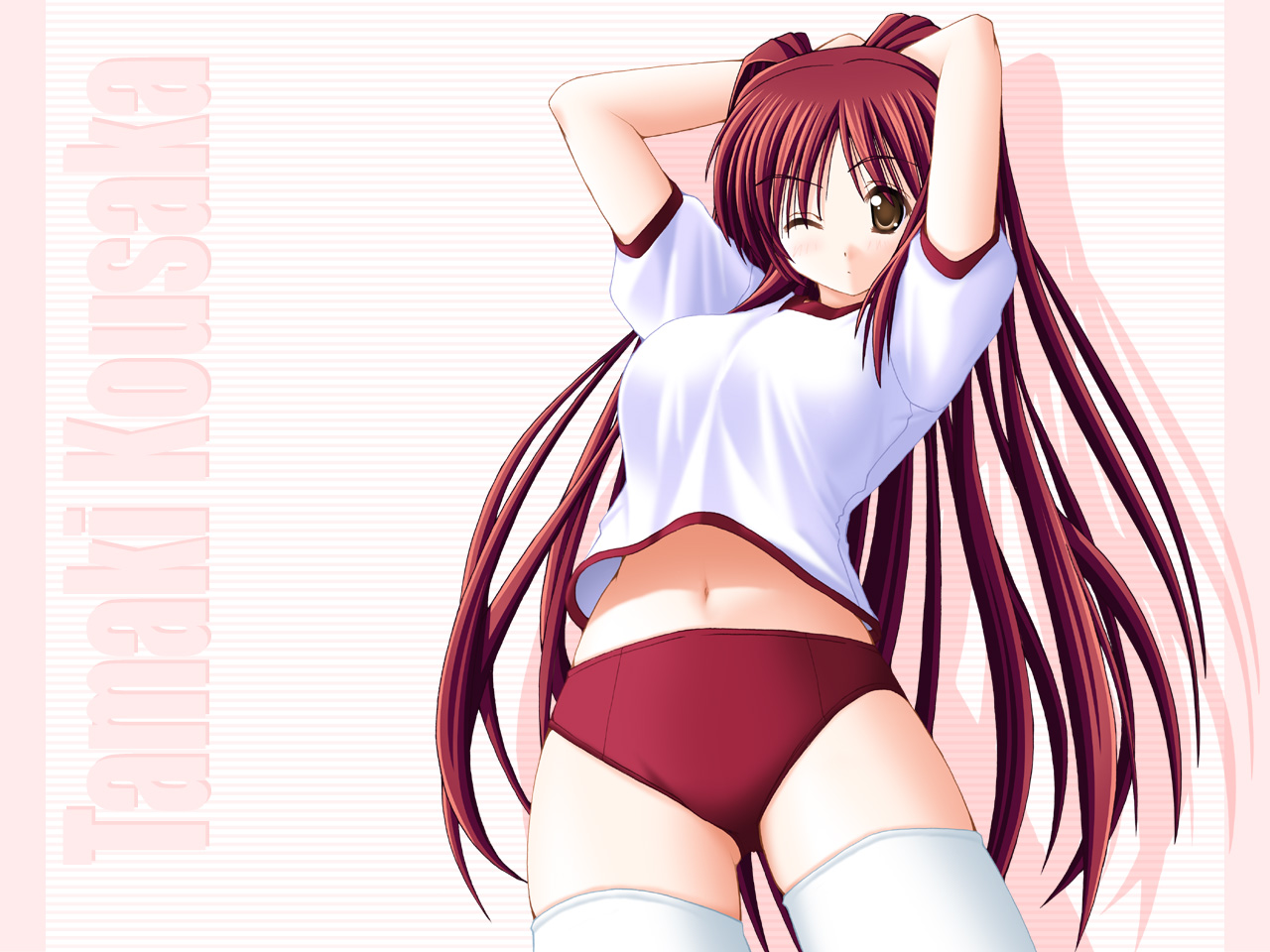 kousaka tamaki, to heart (series), to heart 2, 00s, 1girl, blush, brown eyes, buruma, female focus, gym uniform, long hair, one eye closed, red hair, solo, thighhighs, very long hair, wink