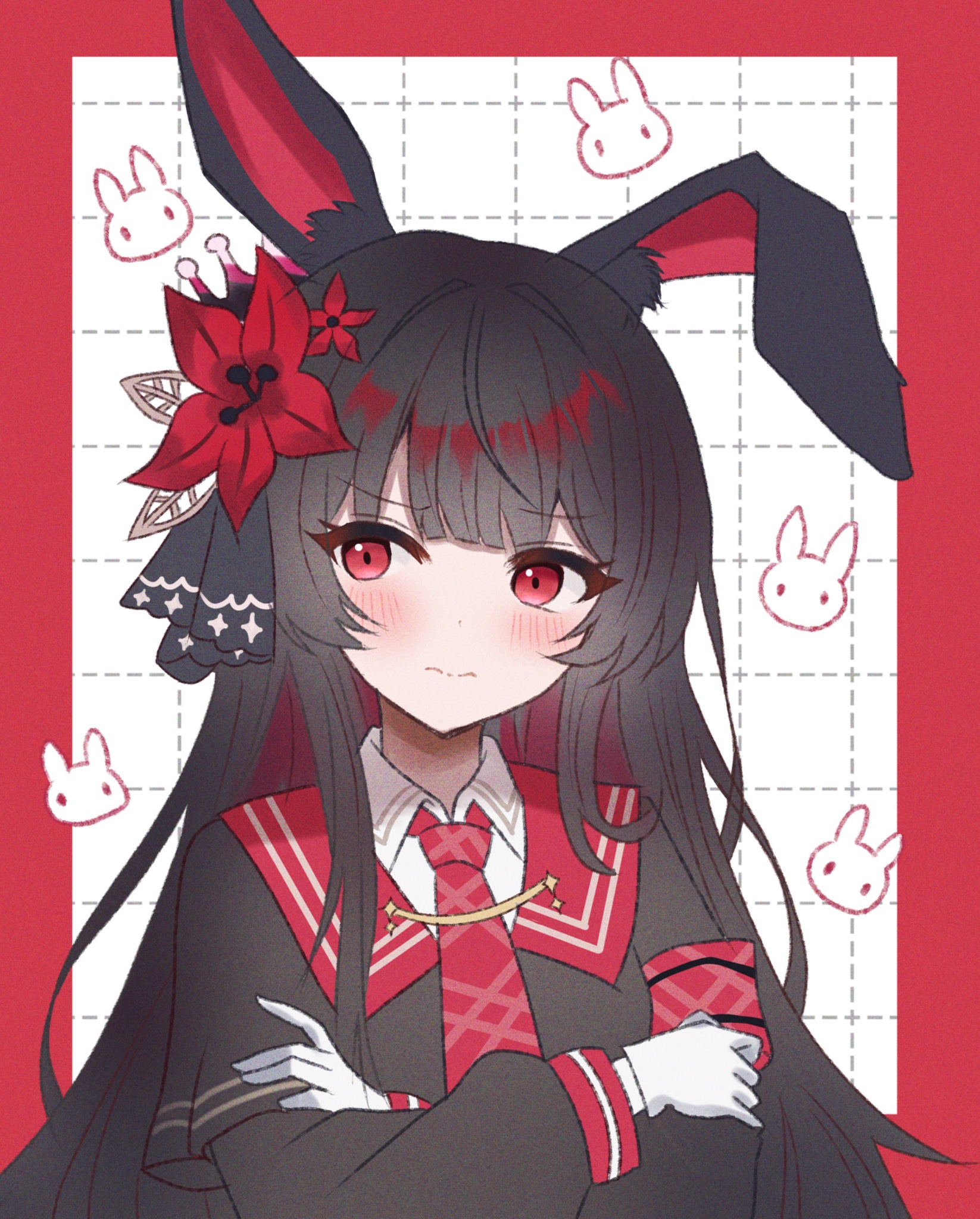 yua 666666, nikaidou hiro, mahou shoujo no majo saiban, highres, 1girl, animal ear fluff, animal ears, armband, averting eyes, black dress, black hair, crossed arms, dress, embarrassed, flower, gloves, long hair, necktie, rabbit ears, red armband, red eyes, red flower, red necktie, simple background, solo, upper body, very long hair, white gloves