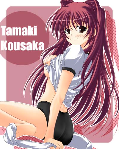 kousaka tamaki, to heart (series), to heart 2, lowres, 00s, 1girl, blush, breasts, brown eyes, buruma, character name, female focus, gym uniform, long hair, pink background, red hair, socks, solo, underboob, undressing