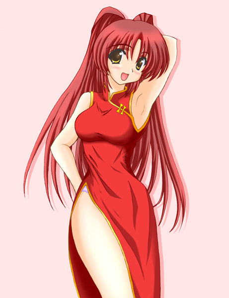 kousaka tamaki, to heart (series), to heart 2, 00s, 1girl, blush, brown eyes, china dress, chinese clothes, dress, female focus, legs, long hair, panties, pantyshot, red hair, side slit, solo, standing, thighs, underwear, white panties