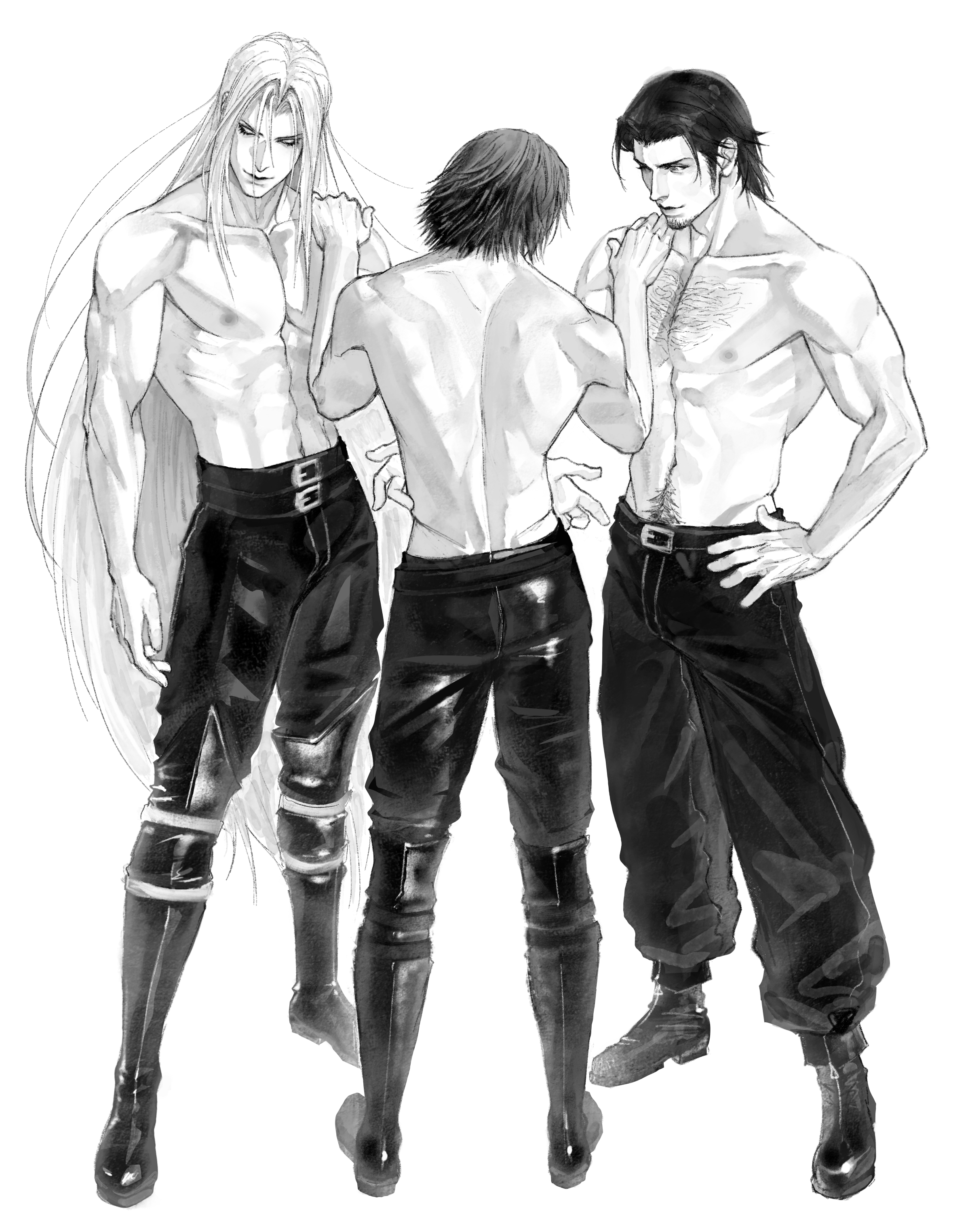 angeal hewley, genesis rhapsodos, sephiroth, crisis core final fantasy vii, final fantasy, final fantasy vii, absurdres, highres, 3boys, baggy pants, beard, belt, black boots, black hair, black pants, boots, chest hair, chinstrap beard, closed eyes, facial hair, full body, greyscale, hand on another's shoulder, leather, leather pants, long barrel, long hair, male focus, monochrome, multiple belts, multiple boys, muscular, muscular male, pants, parted bangs, short hair, shyuuwei, sideburns, topless male, white background, white hair