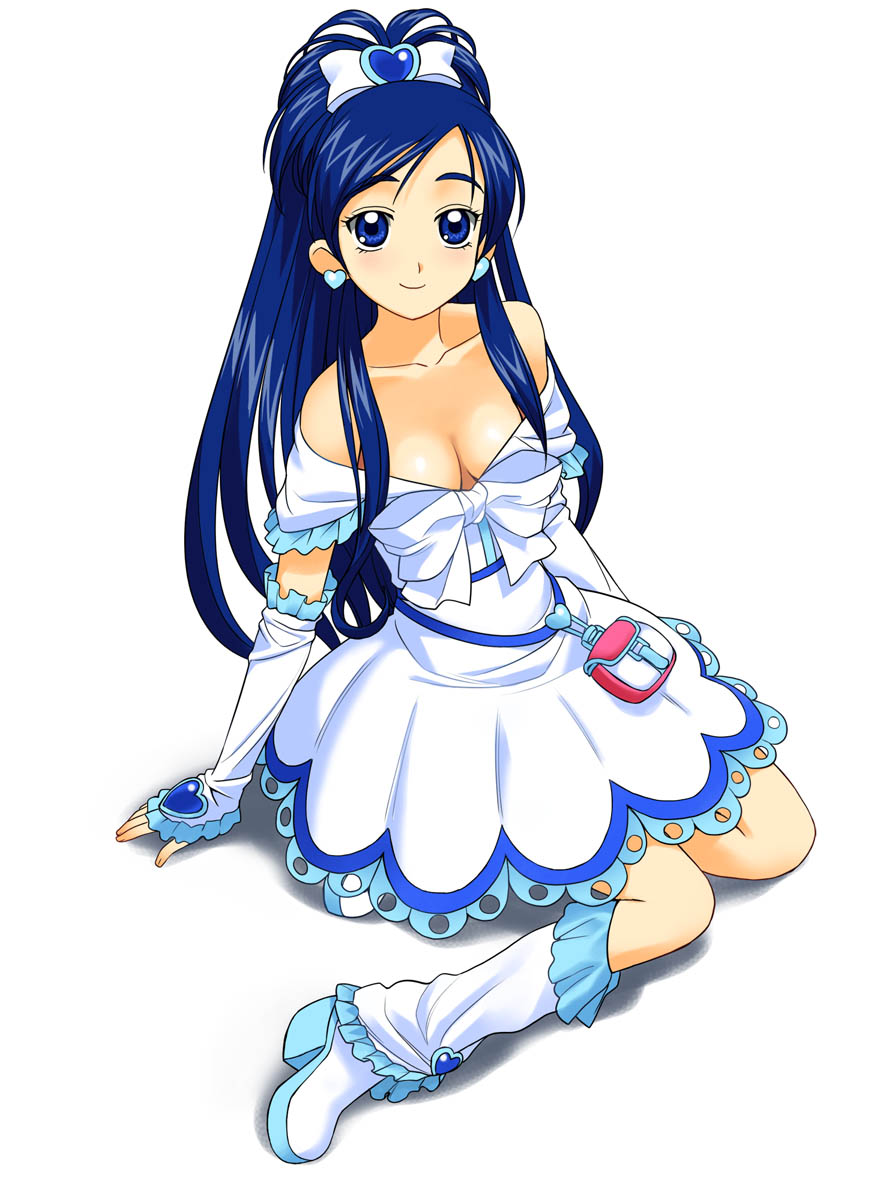 a1 (initial-g), cure white, yukishiro honoka, futari wa precure, precure, highres, 00s, 1girl, blue eyes, blue hair, boots, breasts, cleavage, earrings, elbow gloves, eyelashes, female focus, full body, gloves, half updo, jewelry, knee boots, large breasts, long hair, magical girl, matching hair/eyes, simple background, smile, solo, strap slip, white background, white boots