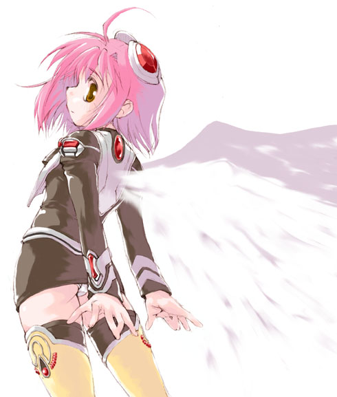 pitomo, momo mizrahi, xenosaga, 00s, 1girl, ahoge, arms behind back, boots, female focus, looking back, panties, pantyshot, pink hair, red hair, short hair, solo, standing, thigh boots, thighhighs, underwear, upskirt, white panties, white thighhighs, wings, yellow eyes