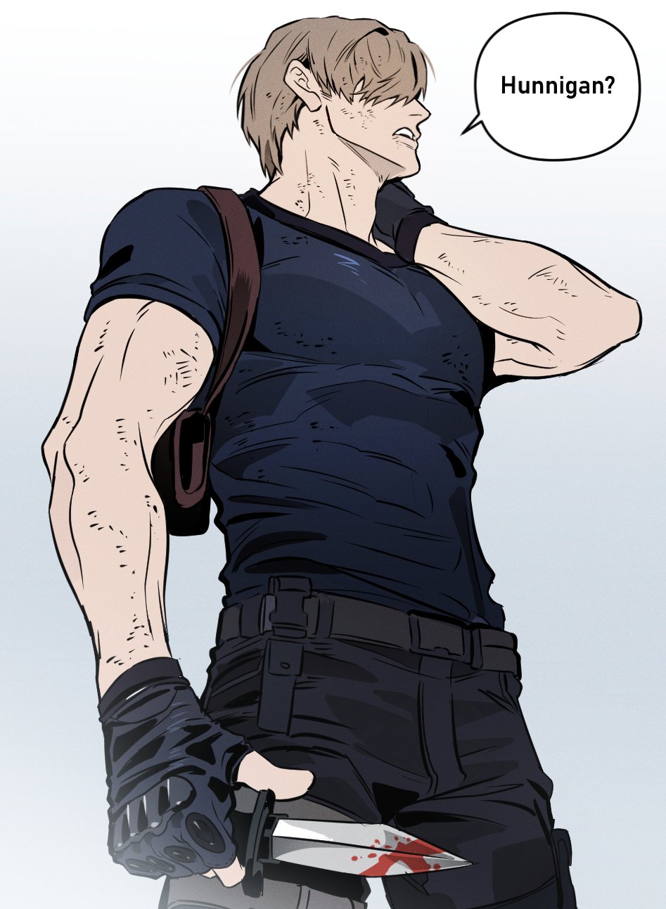 umbrella rpd, leon s. kennedy, resident evil, resident evil 4, resident evil 4 (remake), highres, 1boy, arm behind head, belt, black gloves, black pants, blonde hair, blood, bloody weapon, blue shirt, cowboy shot, dirty, dirty clothes, dirty face, english text, fingerless gloves, gloves, hair over eyes, holding, holding knife, knife, male focus, open mouth, pants, shirt, short hair, short sleeves, solo, speech bubble, tight clothes, tight shirt, utility belt, weapon, white background