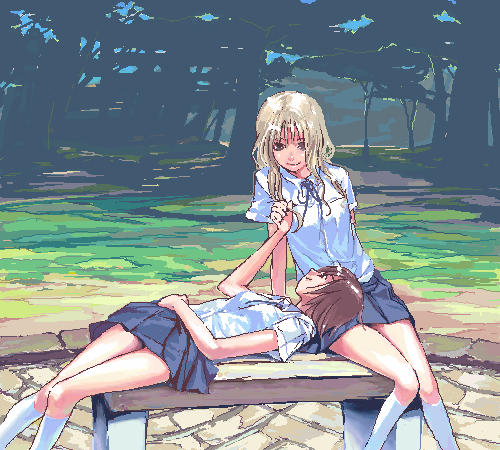white legwear, artist request, copyright request, lowres, 2girls, bench, blonde hair, brown hair, happy, knees together feet apart, lap pillow, long hair, miniskirt, multiple girls, oekaki, outdoors, park bench, pleated skirt, school uniform, skirt, smile, socks, tree, yuri