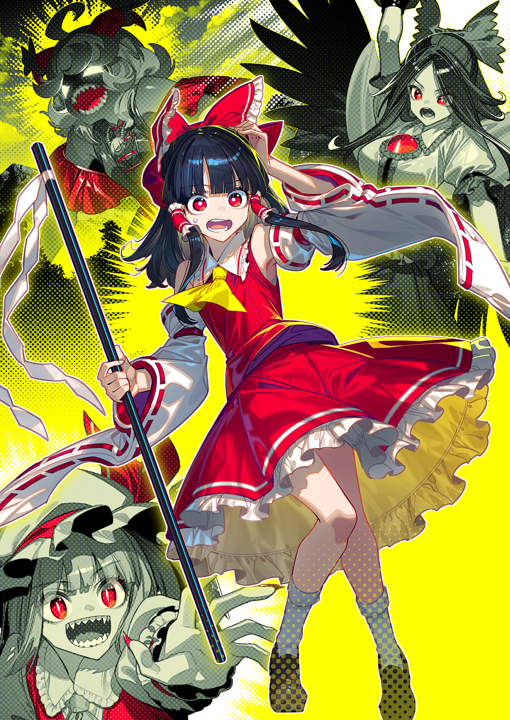 zounose, hakurei reimu, reiuji utsuho, remilia scarlet, toutetsu yuuma, touhou, commentary request, highres, 3girls, ascot, black hair, bow, brown shoes, collared shirt, detached sleeves, fangs, frilled bow, frilled hair tubes, frilled shirt collar, frills, gohei, hair bow, hair ribbon, hair tubes, hat, horns, japanese clothes, long hair, miko, mob cap, multiple girls, open mouth, puffy short sleeves, puffy sleeves, red bow, red eyes, red nails, red skirt, red sleeves, ribbon, ribbon-trimmed sleeves, ribbon trim, sharp teeth, sheep horns, shirt, shoes, short hair, short sleeves, skirt, skirt set, slit pupils, socks, teeth, third eye, third eye on chest, white socks, wings, yellow ascot