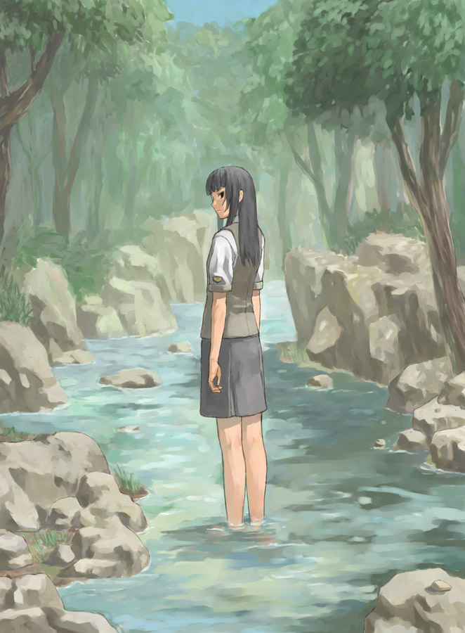 takamichi, yaguruma fumino, hate shinaku aoi kono sora no shita de…., 1girl, black hair, day, female focus, looking back, nature, outdoors, river, school uniform, serafuku, skirt, solo, stream, sweater, sweater vest, tree, vest, water