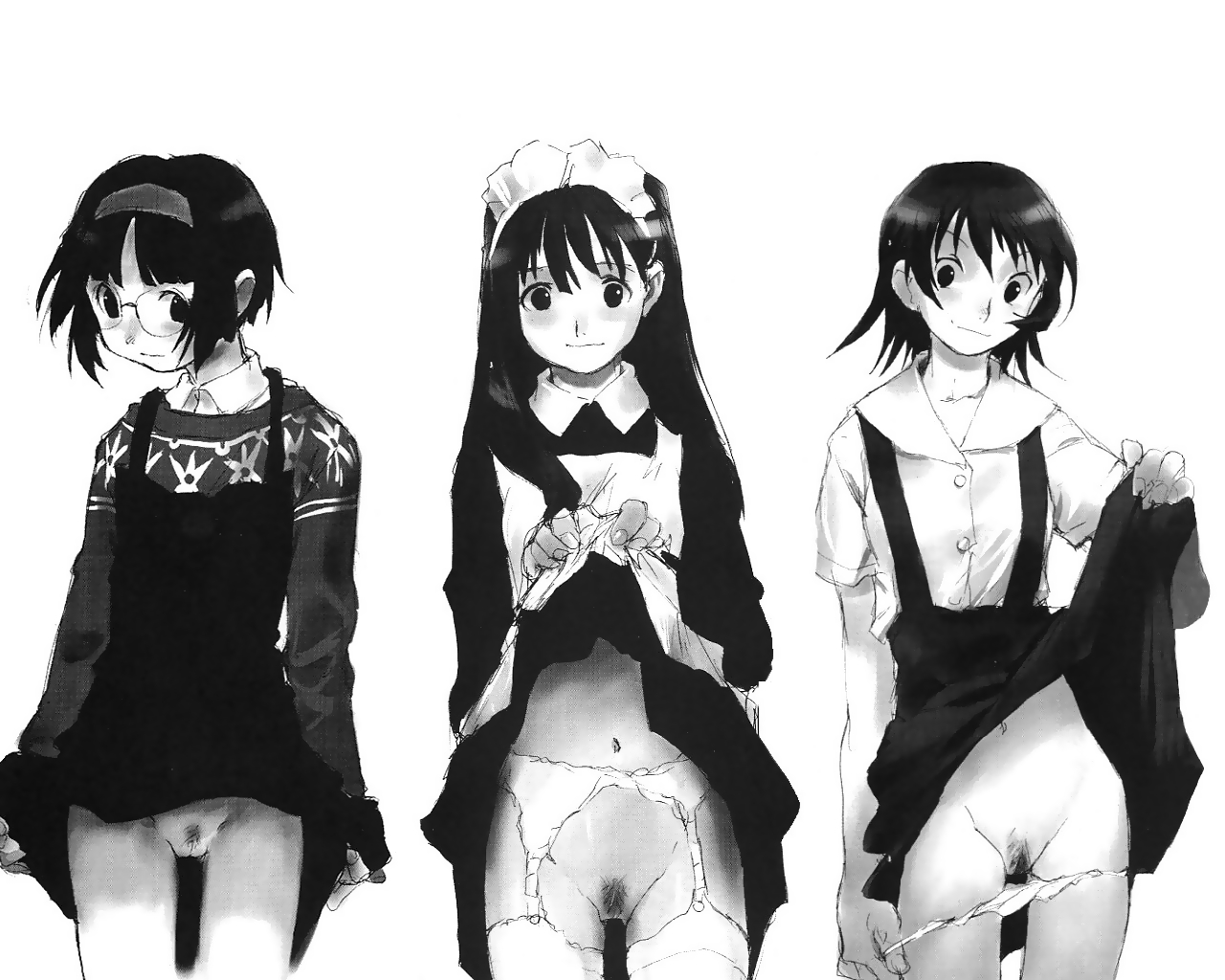 takamichi, homura yuuka, matsukura asuna, yoshino amane, hate shinaku aoi kono sora no shita de…., 3girls, age difference, clothes lift, female focus, female pubic hair, flat chest, garter belt, glasses, greyscale, lifting own clothes, loli, monochrome, multiple girls, navel, no panties, panties, pubic hair, pussy, simple background, skirt, skirt lift, thighhighs, underwear, white background