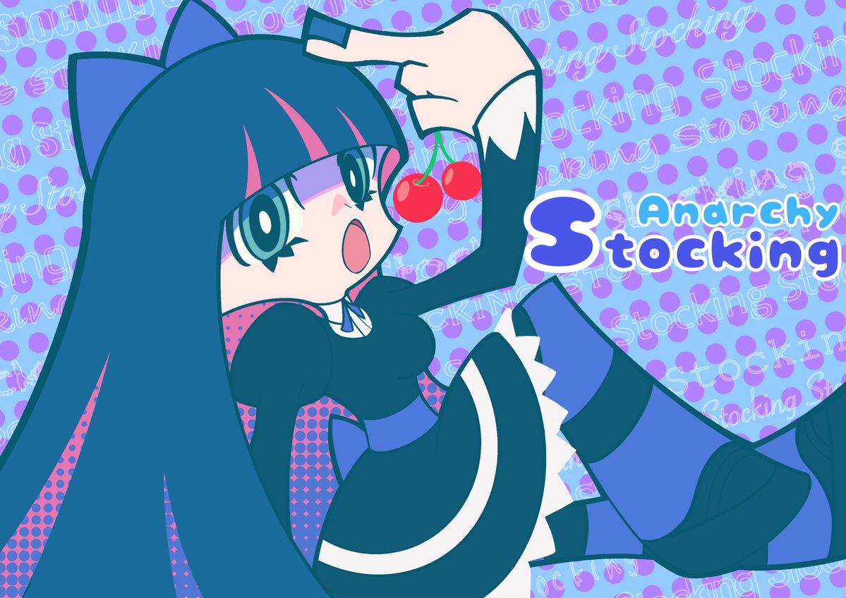 stocking (psg), panty & stocking with garterbelt, 1girl, aqua eyes, back bow, ben-day dots, black dress, blue background, blue bow, blue hair, blue nails, blue ribbon, bow, breasts, character name, cherry, colored inner hair, dress, food, fruit, gothic lolita, hair bow, holding, holding food, holding fruit, juliet sleeves, lolita fashion, long hair, long sleeves, middle finger, multicolored hair, open mouth, pink streaks, polka dot, polka dot background, puffy sleeves, ribbon, screentones, sitting, striped clothes, striped thighhighs, thighhighs, wool3rd