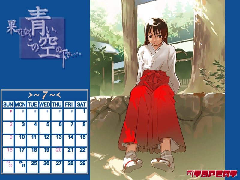 takamichi, homura yuuka, hate shinaku aoi kono sora no shita de…., 00s, 1girl, 2006, calendar, day, female focus, hakama, hakama skirt, japanese clothes, july, kimono, miko, outdoors, red hakama, sandals, sitting, skirt, solo, tabi, zouri