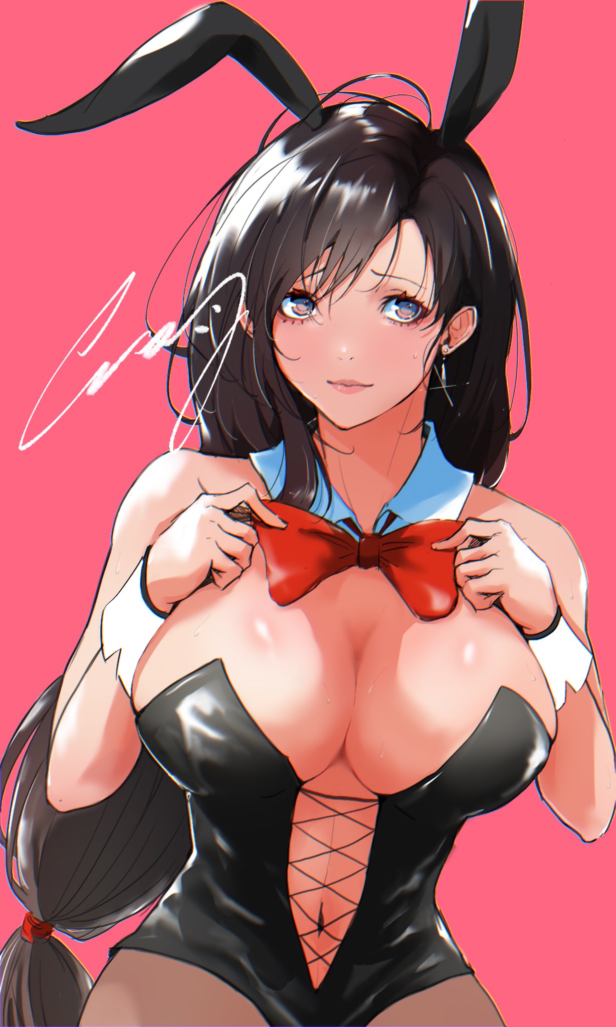 crazy02oekaki, tifa lockhart, final fantasy, final fantasy vii, highres, redrawn, 1girl, adjusting bowtie, alternate costume, animal ears, bare shoulders, black hair, black leotard, bow, bowtie, breasts, brown eyes, brown pantyhose, cleavage, closed mouth, detached collar, earrings, fake animal ears, hair tie, hands on own chest, huge breasts, jewelry, leotard, long hair, low-tied long hair, navel, nervous smile, pantyhose, pink background, playboy bunny, red bow, red bowtie, signature, smile, solo, sparkle, strapless, strapless leotard, sweat, sweatdrop, upper body, white wrist cuffs, wrist cuffs