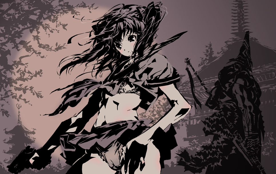 itou ben, original, source request, 1girl, bra, female focus, gun, handgun, lingerie, monochrome, panties, pantyshot, pistol, pleated skirt, school uniform, serafuku, skirt, solo, underwear, upskirt, weapon, wind