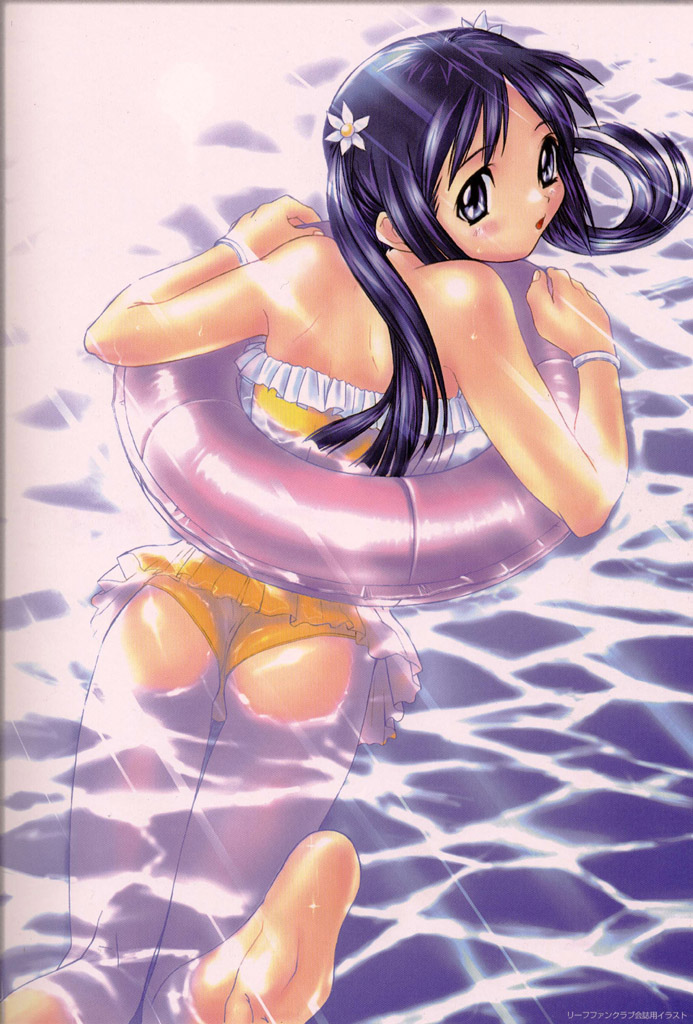 kawata hisashi, mizuki mana, white album, white album (series), frilled swimsuit, scan, 1girl, afloat, ass, bare shoulders, barefoot, black hair, blue eyes, blue hair, blush, bracelet, casual one-piece swimsuit, feet, female focus, flower, frills, from behind, hair flower, hair ornament, innertube, jewelry, light rays, long hair, looking back, matching hair/eyes, one-piece swimsuit, open mouth, soles, solo, sunbeam, sunlight, swim ring, swimming, swimsuit, twintails, water, wedgie, wet