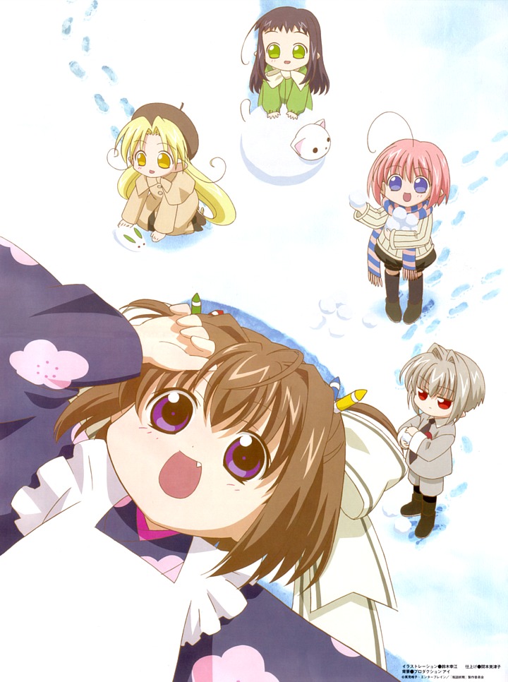 kururu (binzume yousei), suzuki yukie, chiriri (binzume yousei), hororo (binzume yousei), kururu (bottle fairy), oboro (binzume yousei), oboro (bottle fairy), sarara (binzume yousei), tamachan (binzume yousei), binzume yousei, official art, scan, 00s, 5girls, androgynous, apron, arm up, beret, black hair, blonde hair, blue eyes, blush, bob cut, boots, bow, bowtie, brown hair, buttons, cat, child, coat, crayon, crossdressing, crossdressing (ftm), dutch angle, everyone, fairy, fang, flat chest, floral print, footprints, foreshortening, frills, from above, frown, green eyes, grey hair, hair between eyes, hair bow, hair intakes, hair ornament, hand on own head, happy, hat, holding, japanese clothes, kimono, kneeling, long hair, looking at viewer, lying, mini person, minigirl, multiple girls, necktie, on back, on ground, open mouth, outdoors, parted bangs, pink hair, pointy ears, purple eyes, rabbit, red eyes, reverse trap, scarf, short hair, shorts, snow, snowball, standing, striped clothes, striped scarf, twintails, very long hair, wide sleeves, yellow eyes