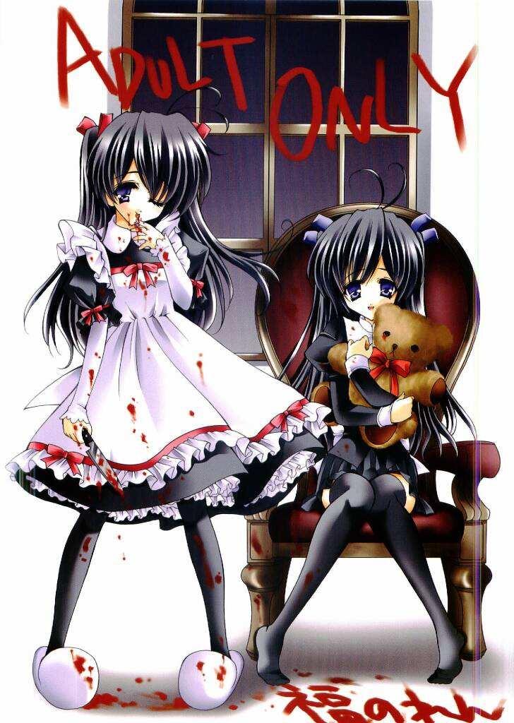 sakurazuki kira, sakurazuki yura, futakoi, jpeg artifacts, 00s, 2girls, antenna hair, black hair, black thighhighs, blood, blood on clothes, blood on face, blood on hands, blood stain, bloody knife, bloody weapon, knife, maid, multiple girls, one eye closed, siblings, sisters, slippers, stuffed animal, stuffed toy, teddy bear, thighhighs, twins, weapon, wink