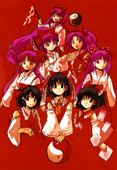 tako (plastic protein), hakurei reimu, hakurei reimu (pc-98), touhou, touhou (pc-98), 6+girls, black hair, bow, comparison, detached sleeves, female focus, gohei, hair tubes, japanese clothes, miko, multiple girls, multiple persona, ofuda, purple hair, shide, yin yang