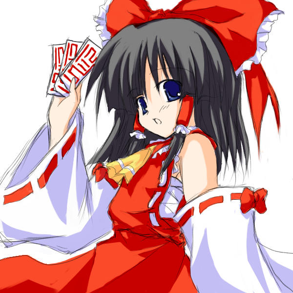 yuki usagi (yukinasou), hakurei reimu, touhou, 1girl, black hair, blue eyes, bow, detached sleeves, female focus, hair bow, hair tubes, ofuda, open mouth, simple background, solo, white background