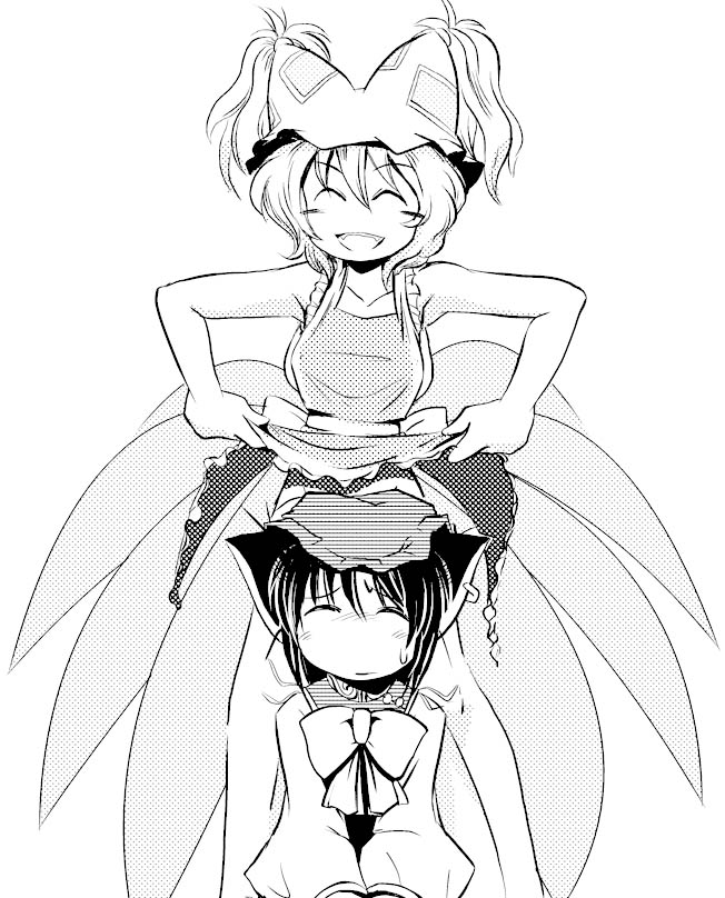 chen, yakumo ran, touhou, 2girls, animal ears, animal hat, cat ears, cat girl, cat tail, censored, closed eyes, clothes lift, convenient censoring, earrings, female focus, fox tail, greyscale, hat, jewelry, lifting own clothes, long sleeves, mob cap, monochrome, multiple girls, single earring, skirt, skirt lift, sleeveless, sweat, tail