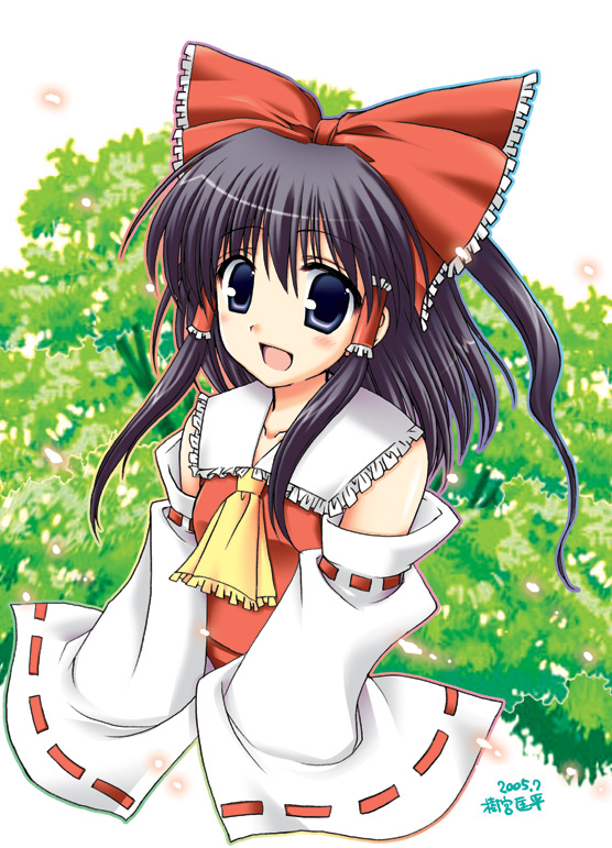shigemiya kyouhei, hakurei reimu, touhou, 00s, 1girl, 2005, :d, ascot, black eyes, black hair, blush, bow, cherry blossoms, collarbone, dated, detached sleeves, female focus, glowing, hair bow, hair tubes, half updo, long hair, looking at viewer, open mouth, petals, ribbon, sidelocks, sleeves past wrists, smile, solo, straight hair, tree, upper body, vest, white background, wide sleeves